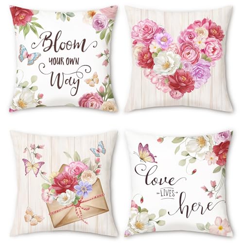 Bonhause Floral Throw Pillow Covers 18 x 18 Inch Pink Flowers Mot...