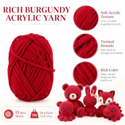 Image of MAQIHAN Acrylic Yarn for Crocheting - Soft Knitting Yarn for Crafts, 15x20g | Wine Red Skeins for Crocheting DIY Bulk for Handicraft Knitting Scarves Ideal Gift for Beginners Adults