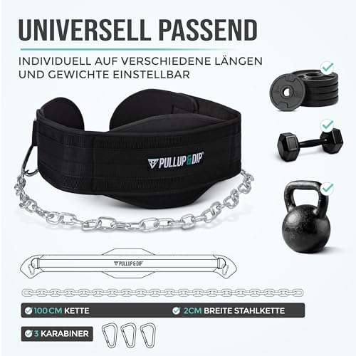 PULLUP & DIP Gürtel mit Kette und 3x Karabiner, Dip Gürtel inkl. Neopren Klappen als Kleiderschutz, Gewichtsgürtel, Weighted Belt, Klimmzug Gürtel für Calisthenics, Kraftsport, Bodybuilding – Bild 6