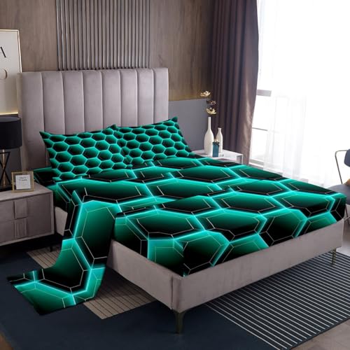 Geometric Hexagon Twin Sheet Set for Girls,Neon Teal Honeycomb Sheets Hexagonal Geometry Beehive Bed Sheets Set,Black Simplistic Geometrical Abstract Room Decor