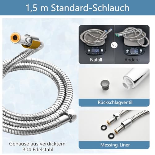 Nafall Duschkopf mit Schlauch - Hochdruck Duschkopf Groß (⌀ 130 mm) mit Kräftiger Strahlfunktion, Runde brausekopf dusche, duschbrause mit 1.5m schlauch mit 4 Strahlarten