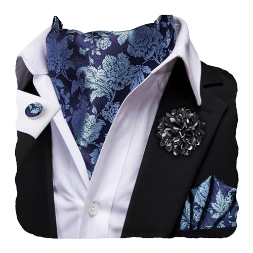 Image of Hi-Tie Silk Ascot for Men Self Tie Men's Cravat and Flower Lapel Pin Handkerchief Cufflinks Set for Wedding Party