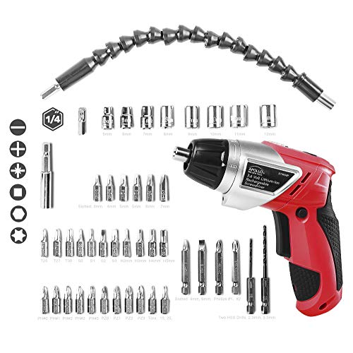 Apollo Tools DT4944 3.6 volt Lithium-Ion Rechargeable Screwdriver with 45 pc Accessory Set, Red