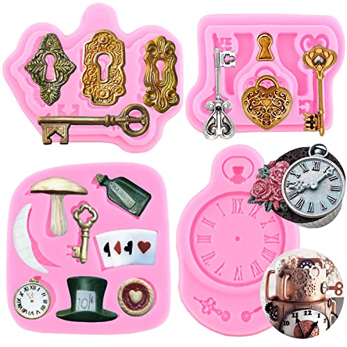 Mujiang Keyhole Silicone Molds Vintage Key Cake Fondant Mold Alice Wonderland Hat Poker Clock Playing Fondant Mold For Cake Decoration Sugar Cupcake Topper Chocolate Gum Paste Polymer Clay Set Of 4