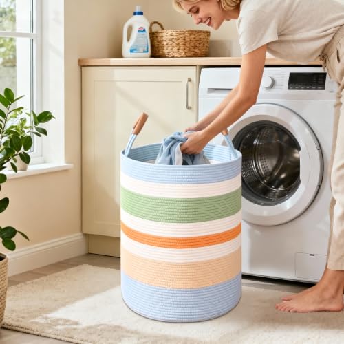 Image of Large Laundry Basket, Laundry Hamper with Leather Handles, 90L Woven Dirty Clothes Hamper, Rope Hampers for Bedroom, Barthroom, Rainbow