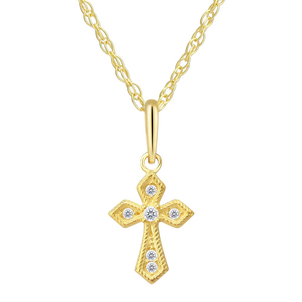 14K Real Gold Crystal Clear CZ Cross Pendant With an Adjustable Necklace Chain