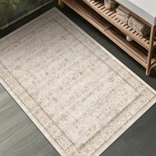 Image of Farmhouse Bathroom Rug 2x3 Beige, Machine Washable Small Non Slip Indoor Entryway Area Rug, Low Pile Thin Neutral Vintage Design for Bedside, Kitchen