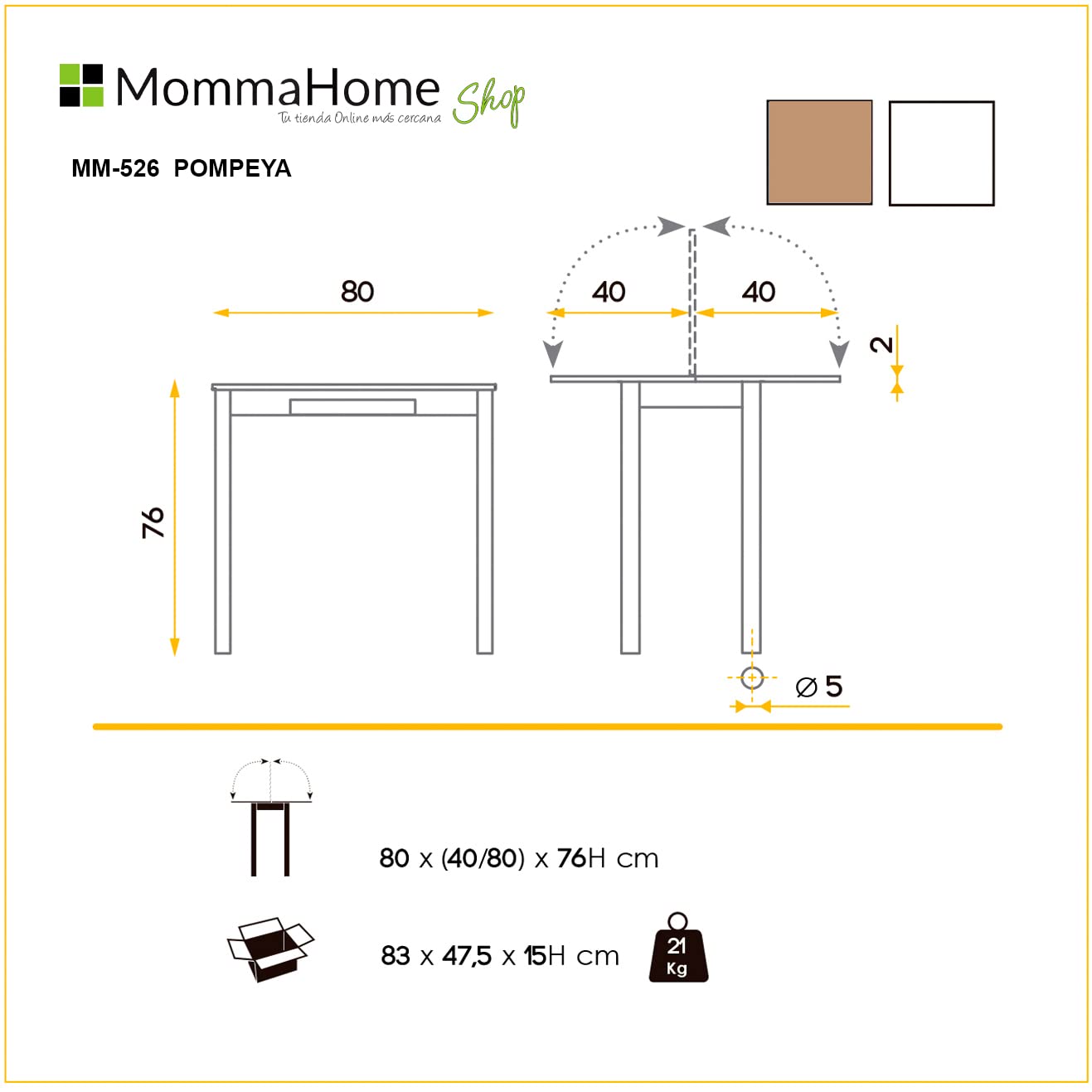 MOMMA HOME Mesa de Cocina Extensible y Abatible – Mesa de Comedor Moderna Plegable, Modelo Pompeya en Color Roble Rústico/Blanco, Medidas 80x40/80x78 cm