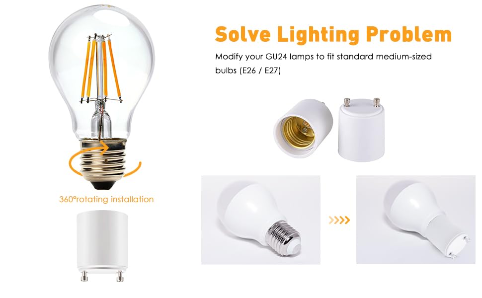 Image of Onite 6-Pack GU24 to E26 Adapter, 600W 320F Heat Resistant Socket Converter, High Power GU24 Bulb Base to E26 /E27 Medium Socket, for Halogen /Incandescent /LED Bulbs