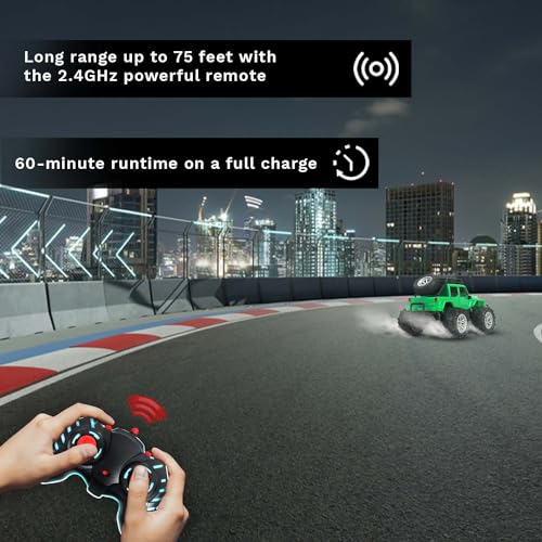 Image of Popsugar Off Roader Rechargeable Remote Control Monster Truck with 4 Headlight Modes | Lithium Battery | C-Type Charging | Remote Control Car for Kids | Made in India, Green with Black