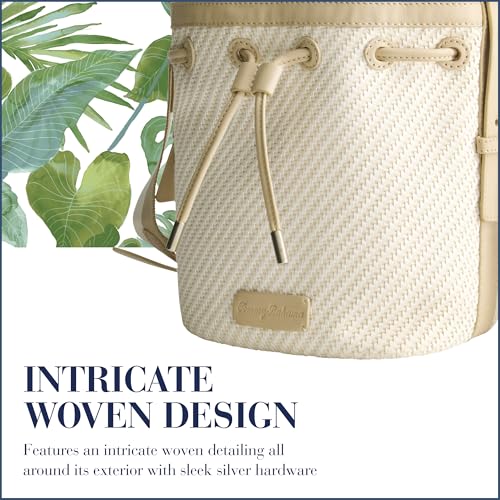 Tommy Bahama Bucket Bag, Women's Mini Handbag with Drawstring Closure and Woven Design, Tan/White3