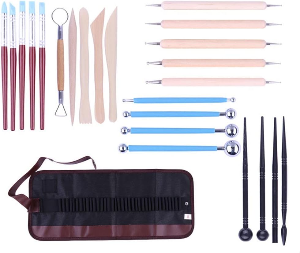 Tools Clay Sculpting Tools with Canvas Roll-Up Bag, Ceramic Pottery Carving Tool Set with Wooden Handle for Polymer Sculpture Modeling