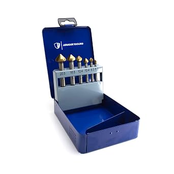 6 Piece Countersink Drill Bit Set - HSS TiAN- 90 Degrees 3 Flute - Deburring Bits for Screw Heads - 6.3/8.3/10.4/12.4/16.5/20.5mm - Chamfer tool For Aluminium Wood Plastic & Steel