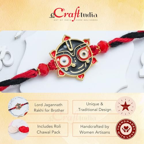Image of eCraftIndia Handcrafted Lord Jagannath Rakhi for Brother Bhaiya Bhai with Best Bro Ever Fridge Magnet | Roli Chawal Pack