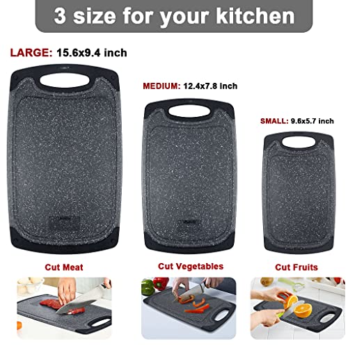 Chopping Board Set,3PCS Plastic Chopping Boards for Kitchen Non-Slip Cutting Boards with Grip Handle Juice Grooves Grinding Groove Large Chopping Boards for Meat Vegetables Fruits (Black) - Image 3
