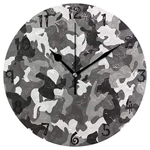 Sawhonn Art Camouflage Grey Whtie Black Wall Clock Silent Non-Ticking Battery Operated Round Clocks for Boys Girls Home Room Bedroom Kids Cover