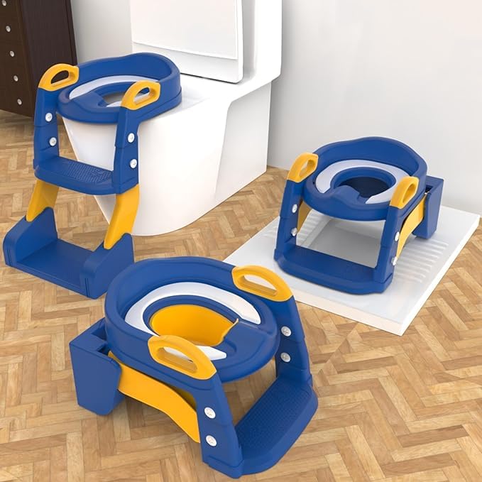 3-in-1 Toddler Potty Training Toilet with Ladder &amp; PU Cushion, Easy Assembly, Potty Training Seat, Anti-slip Foldable Toddler Toilet Seat with Adjustable Step Stool For Kids Boys And Girls (Blue)