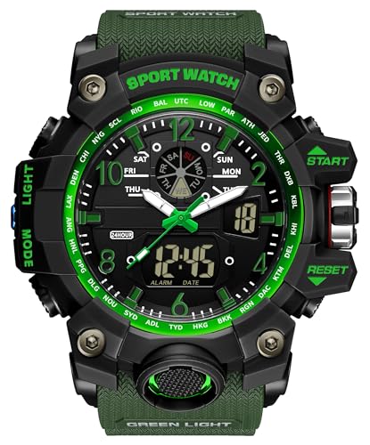 findtime Orologio sportivo da uomo impermeabile, orologio militare tattico analogico digitale per esterni orologio grande quadrante sveglia cronometro LED orologio per uomo, Verde, Cinturino