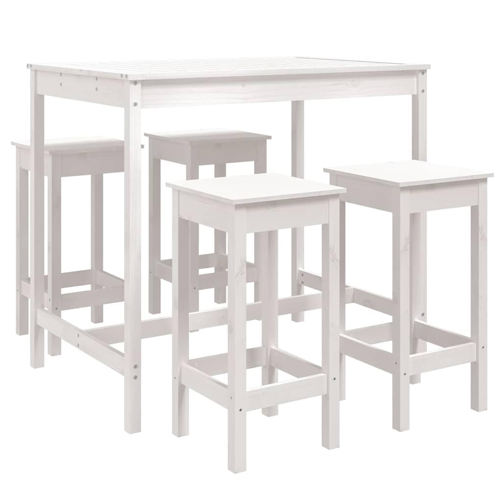 Ensemble de Bar de Jardin 5 Pièces en Bois de Pin Massif Blanc, Mange-Debout Extérieur avec 1 Table Haute 121cm et 4 Tabourets de Bar pour Terrasse et Balcon