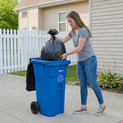 PLASTIC PRINCE 32 Gallon Trash Can Outdoor Recycling Bin with Lid and Wheels Heavy Duty Rolling Garbage Can with Lid Blue Recycle Trash Can with Wheels for Warehouse Hospital Restaurant Office
