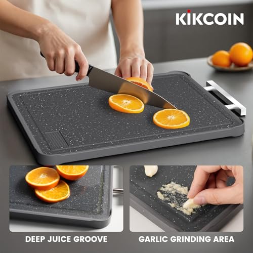 Kikcoin Double Sided Stainless Steel Cutting Boards for Kitchen, Stainless Steel and Wheat Straw PP Large Chopping Board, Black