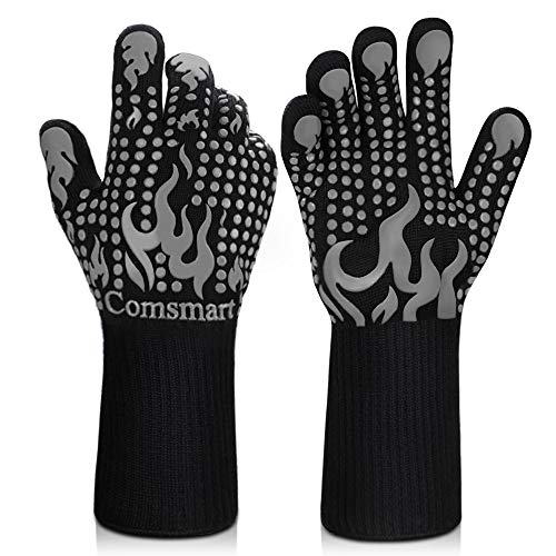 Image of Comsmart BBQ Gloves, 1472F Heat Resistant Silicone Non-Slip Oven Mitts, Long Kitchen Gloves Perfect for Grilling, Cooking, Baking, Cutting