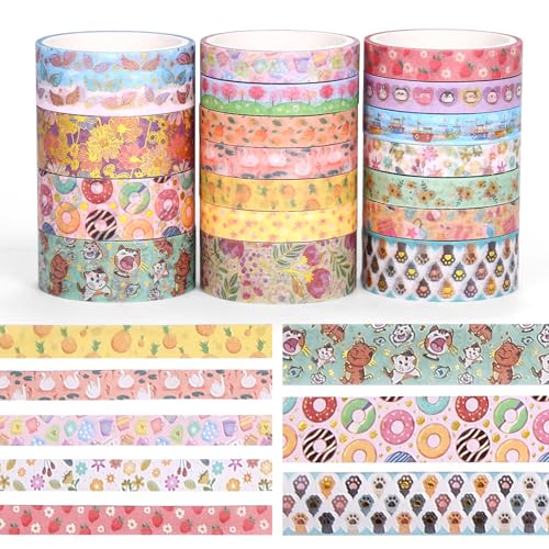 Kesote 18 Rouleaux Washi Tape, Masking Tape, Scotch Decoratif, Ruban Adhésif Décoratif, Scotch Scrapbooking, 6 * 15 mm + 12 * 7.5 mm