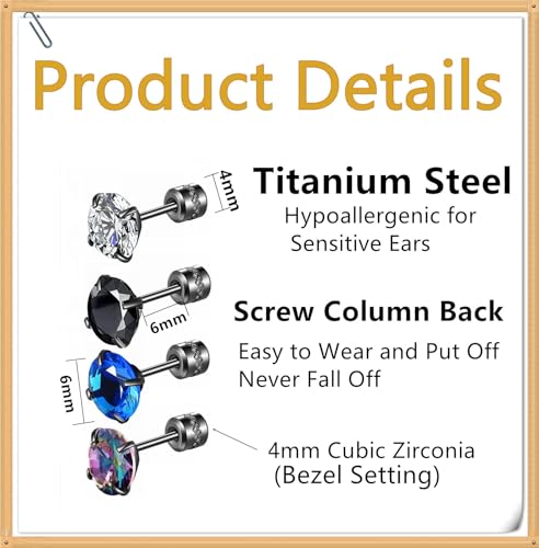 Hopply 4 Pairs Titanium Screw Back Surgical Stainless Steel Earrings for Women Men,Rainbow 5A Cubic Zirconia Studs Double Side Earrings Piercing Sleeper Jewelry 6mm2