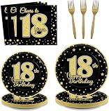 96 Pcs 18th Birthday Party Supplies for 24 Guests Cheers to 18 Years Tableware Table Decorations Black Gold 18th Birthday Plates Napkins Dinnerware for Boys Girls 18 Years Old Birthday Party Favor