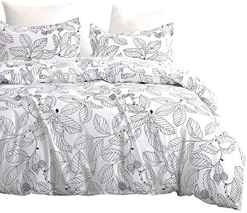 DeerHome Bedding Duvet Cover Set Queen with Zipper Closure, Black Branches Leaves Printed Pattern Reversible, Brushed Microfiber, Lightweight Soft, Durable