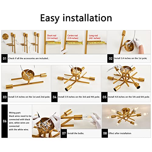 Image of ASGYISA 6-Lights Semi Flush Mount Ceiling Light Fixture Gold Modern Matte Sputnik Chandelier Vintage Ceiling Lamp Farmhouse for Kitchen Bedroom Dining Room Living Room with E26 Bulb Base