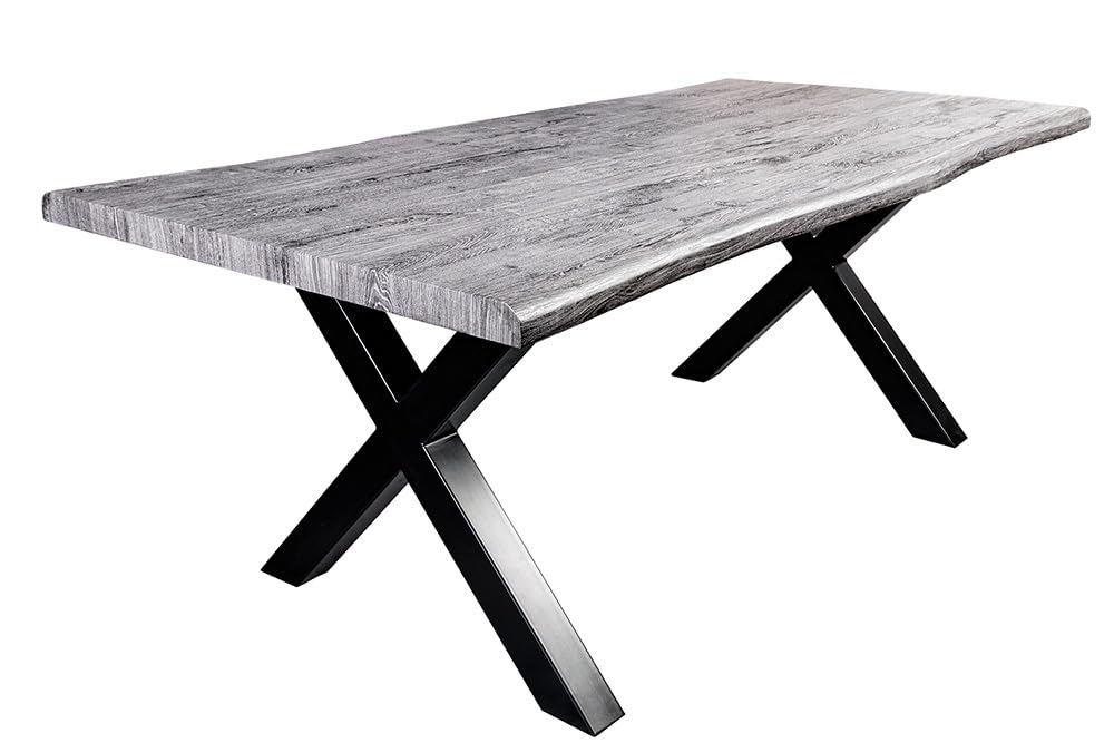 Riess Ambiente Industrial Esstisch WILD - 160cm - grau gekälkt schwarz - Wildeiche-Design - Baumkante X-Gestell Konferenztisch