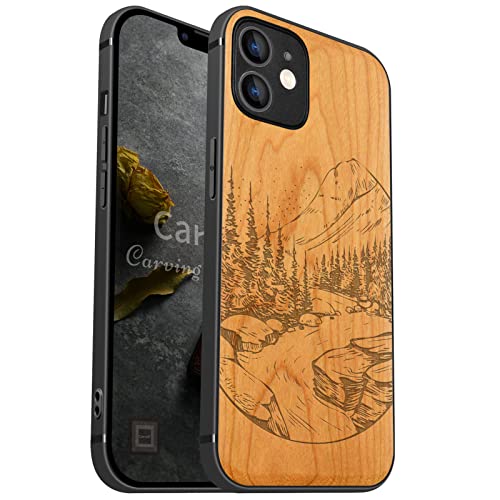 Coque en bois pour iPhone 12 compatible MagSafe étui antichoc silicone TPU paysage cerise sauvages