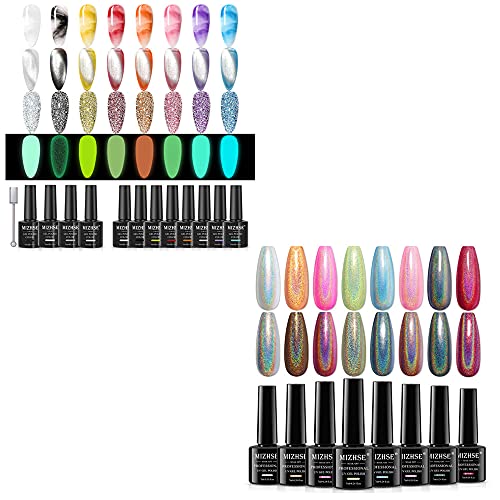 MIHZSE Universal Reflective Shimmer Gel Polish, Universal Sliver Cat Eye Gel Polish, Universal Luminous Gel Polish, Universal Blooming Gel Polish with 7 Colors Gel Polish ,12 Pieces to Get 36 Effects