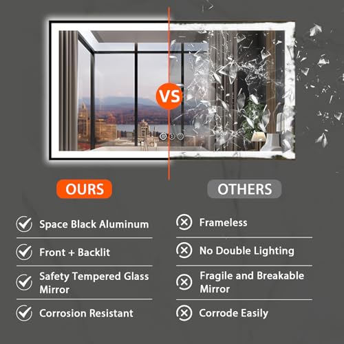 72x40 Large Light up Bathroom Mirror, Wall-Mounted LED Vanity Mirrors, Black Trim and Double Lights, 3 Colors and Stepless Dimming, Anti-Fog, Memory, Shatterproof (Horizontal/Vertical)