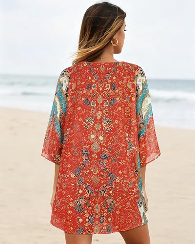 Image of Women's Floral Print Puff Sleeve Kimono Cardigan Loose Cover Up Casual Blouse Tops 2026