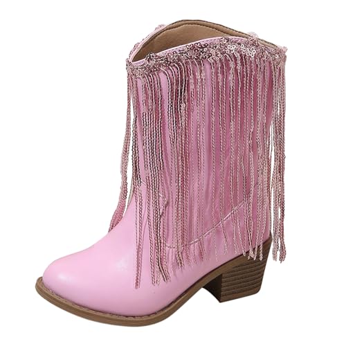 Rhinestone Cowboy Boots for Girls Snip Toe Sparkly Fringe Mid Wide Cowgirl Shoes Chunky Platform Heel Shows Tall Booties