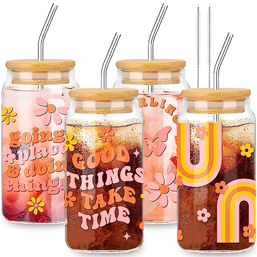 Whaline 4 Pack Groovy Retro Drinking Glasses 16Oz Boho Rainbow Daisy Butterfly Glasses Cup Inspirational Ice Coffee Cup With Bamboo Lid Glass Straw Cleaning Brush For Cocktail Whiskey Beer Soda Gifts #TOP25