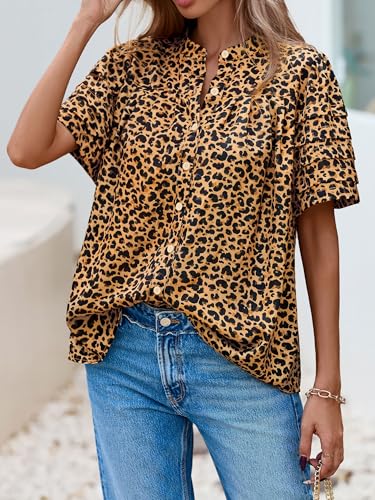 MASCOMODA Womens Tops Summer Boho Floral Short Sleeve Button Down Shirts Crewneck Loose Vacation Dressy Casual Work Blouses3