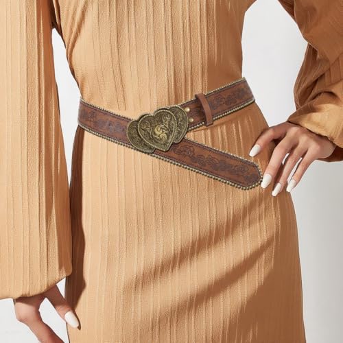 Western Belt for Women Brown Country Belt with Vintage Buckle Cowgirls Cowboys Leather Belt for Jeans Pant4