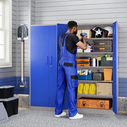 Image of Yizosh Metal Garage Storage Cabinet with 2 Doors and 5 Adjustable Shelves - 71 inch Steel Lockable File Cabinet,Locking Tool Cabinets for Office,Home,Garage,Gym,School (Gray Blue)
