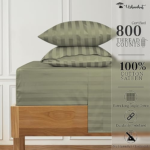 URBANHUT 800 Thread Count Egyptian Cotton Damask Striped Twin Size Sheets Set (4 Pc) - Ultra Soft & Smooth, Sateen Weave Twin Size Bed Sheets, Luxury Hotel Sheets with 16" Deep Pocket - Sage