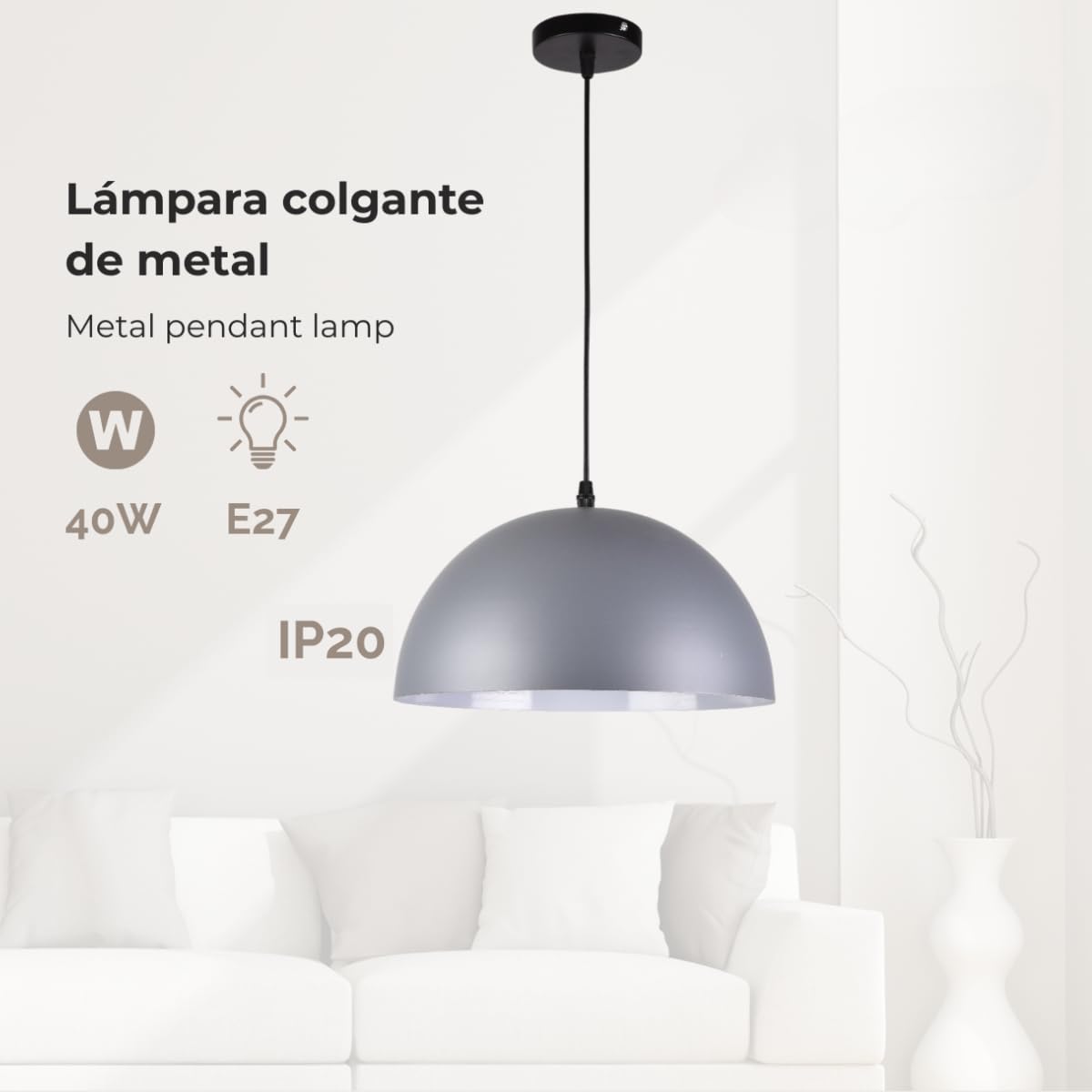 Jandei - Metalowa lampa wisząca, matowa, rozmiar 40 cm, nowoczesny minimalistyczny design, klosz kopułowy, uchwyt lampy E27, idealny do kuchni, jadalni, salonu, sypialni (szary)