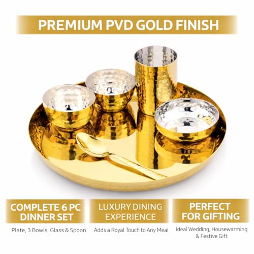 Image of Silverglow Aurum PVD Gold Plated Stainless Steel Dinner Set (6 Pcs) | Hammered Luxury Thali Set with Plate, Glass, Bowls & Spoon | Premium Dining Set | Wedding, Diwali, Pooja, Housewarming Gift Set