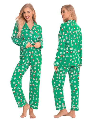 SWOMOG Family Christmas Pajamas Set Women & Men & Kids Long Sleeve Pj Set Party Sleepwear Button-Down Loungewear Set Men Green With Santa Claus X-Large3