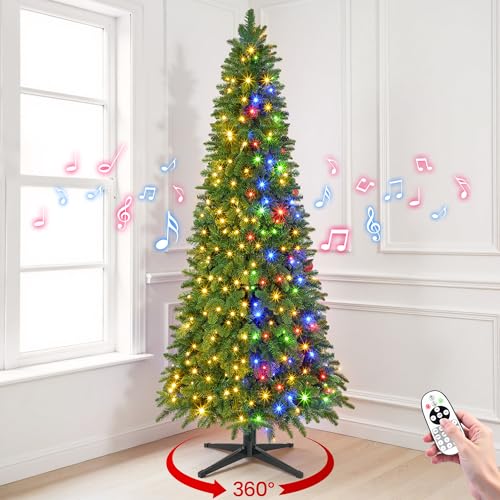 Yolovis 7.5ft Pre-Lit Pencil Christmas Tree with Rotating Stand, Prelit Rotating Artificial Slim...