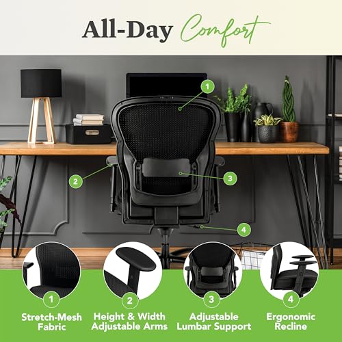 Image of HON Wave Big and Tall Ergonomic Mesh Office Chair with Adjustable Arms and Lumbar Support, Heavy‑Duty Tilt Recline and Swivel Wheels, Desk and Computer Chair for Home Office, 450 lb. Capacity, Black