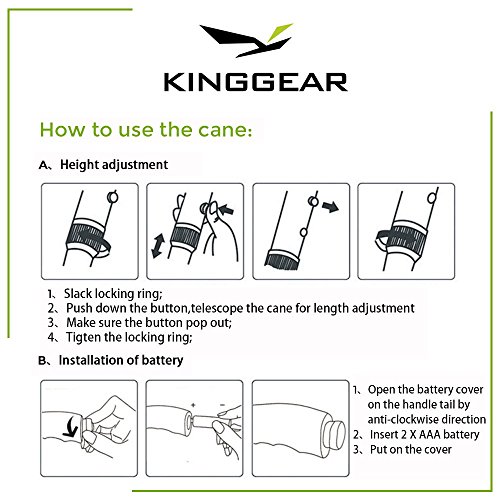 KingGear Travel Adjustable Folding Canes and Walking Sticks for Men and Women - Led Light and Easy Grip Handle for Arthritis Seniors & Disabled - Best Mobility Aids Cane (Black K5)