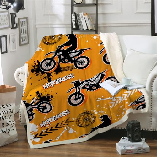 HAVOP Couverture en polaire sherpa pour enfants, garçons, adolescents, imprimé moto tout-terrain, jaune vif