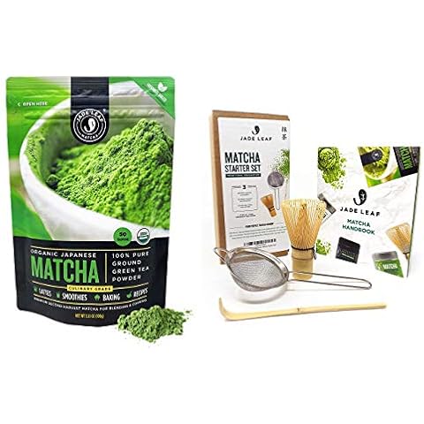 Jade Leaf Matcha + Tea Set Bundle - Organic Matcha Green Tea Powder Culinary Pouch (100g) and Traditional Matcha Starter Set Cover